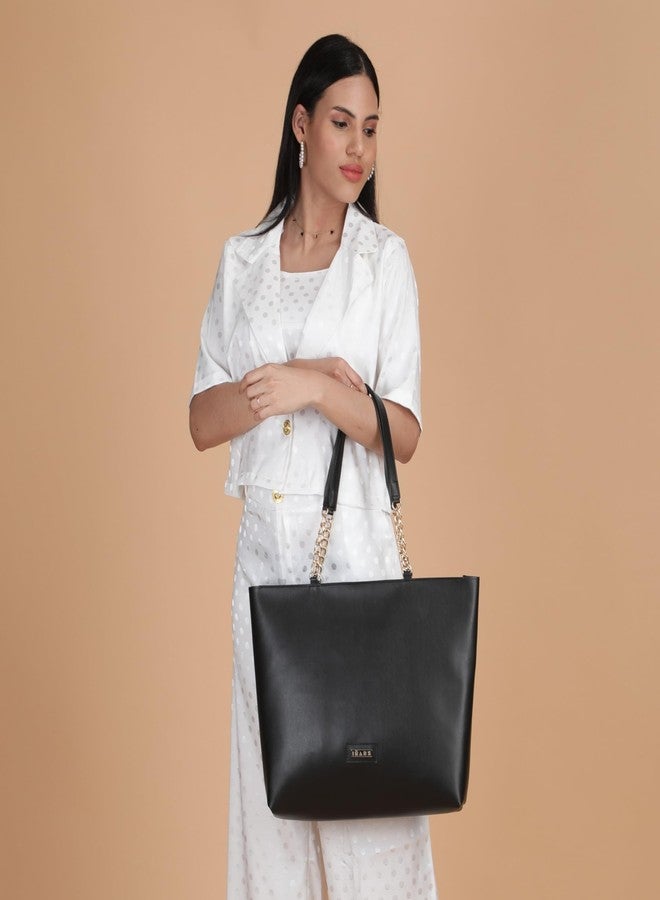 IMARS Women’s Large Tote Chain Black Bag | Vegan Leather Ladies Handbag (Black) - Image 2